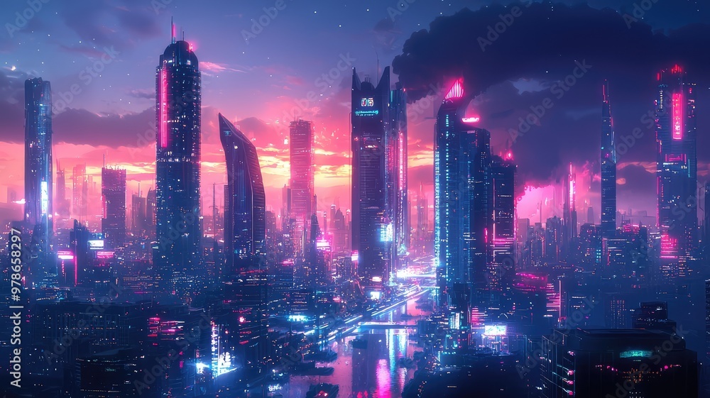 Futuristic city skyline at dusk, glowing with neon lights and reflections on water, evoking a vibrant urban atmosphere. Futuristic city skyline at dusk, glowing with neon lights and reflections on water, evoking a vibrant urban atmosphere.