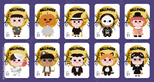 Wallpaper Mural Cute Halloween Character Cards with Various Costumes and Designs for October 31 Celebration Torontodigital.ca