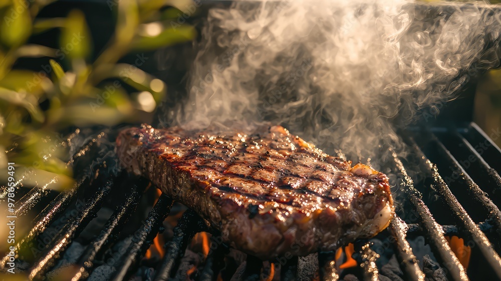 Juicy grilled steak sizzling on the barbecue, surrounded by aromatic smoke and the essence of a summer cookout. Juicy grilled steak sizzling on the barbecue, surrounded by aromatic smoke and the essence of a summer cookout.