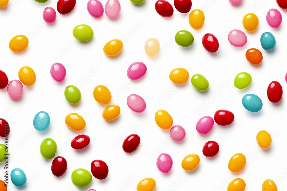 Colorful candy eggs scattered on a white surface for a festive occasion or celebration Colorful candy eggs scattered on a white surface for a festive occasion or celebration