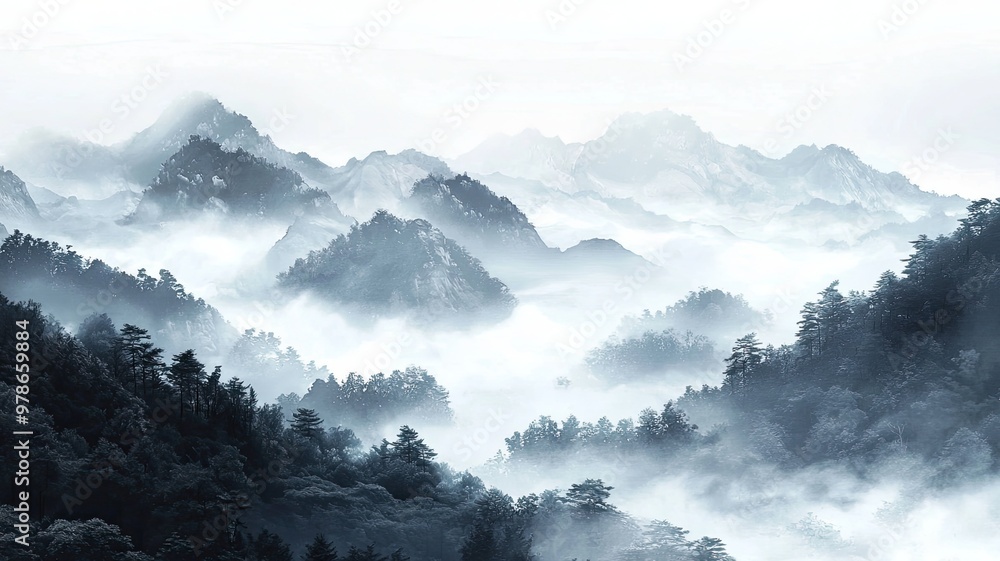 Fototapeta premium Majestic mountain landscape shrouded in mist, showcasing serene natural beauty and peaceful ambiance.