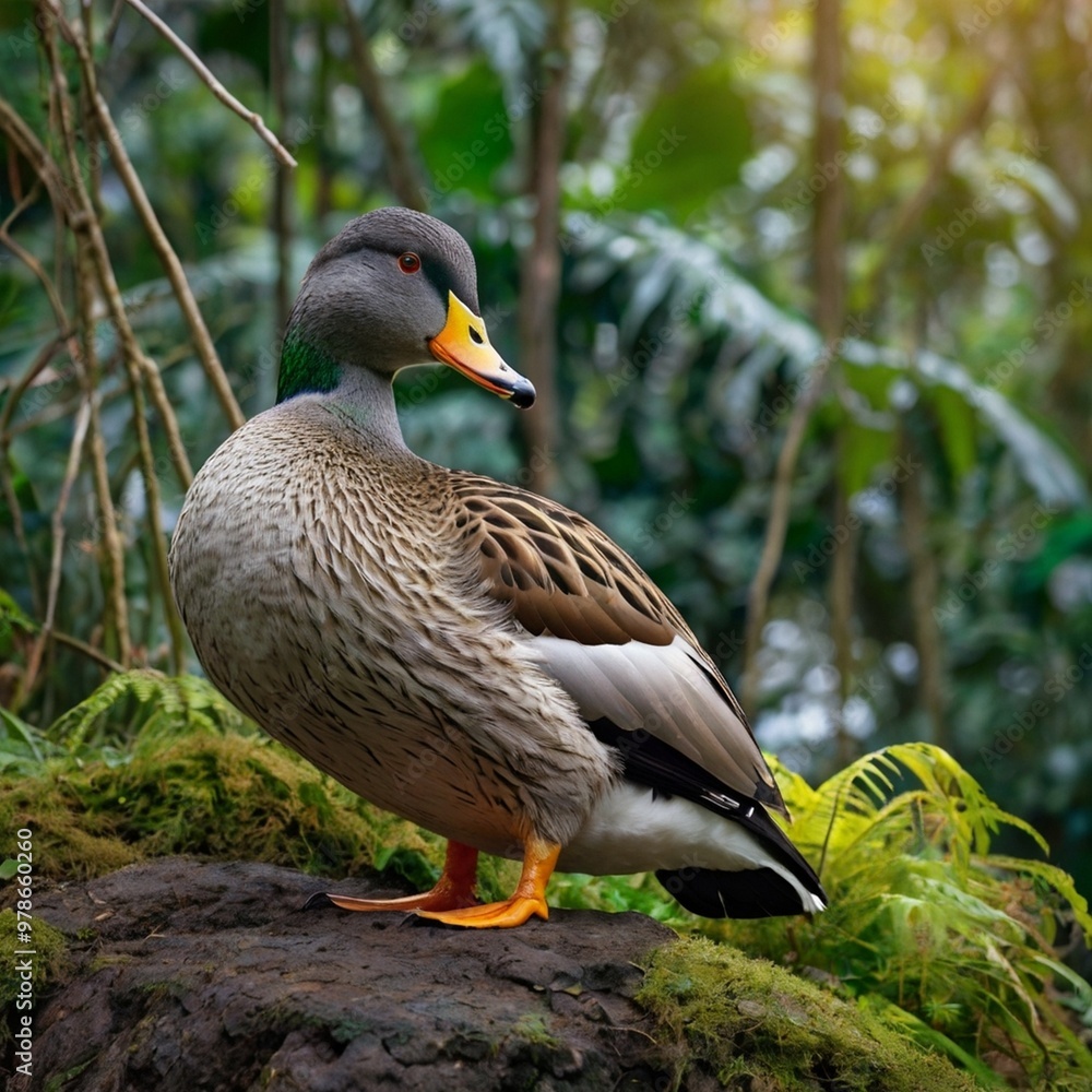 Duck is standing on a rock in the forest photography wallpaper Stock Images photo generated Ai Duck is standing on a rock in the forest photography wallpaper Stock Images photo generated Ai
