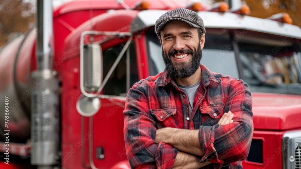 Smiling young male truck driver with beard and hat posing confidently in front of his truck Smiling young male truck driver with beard and hat posing confidently in front of his truck