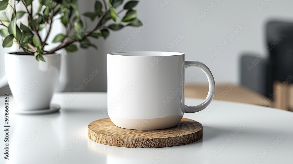 Minimalistic white blank mug with a wooden coaster on a white table, front-facing mock-up for product branding and design presentation, ideal for showcasing logos, text, or custom artwork. Minimalistic white blank mug with a wooden coaster on a white table, front-facing mock-up for product branding and design presentation, ideal for showcasing logos, text, or custom artwork.