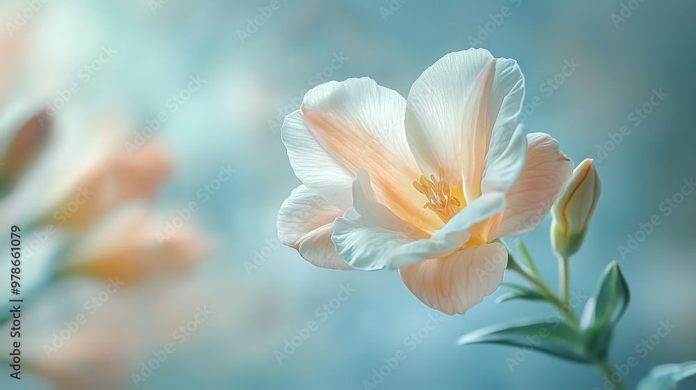 A delicate freesia flower suspended in the air with subtle mist surrounding it A delicate freesia flower suspended in the air with subtle mist surrounding it