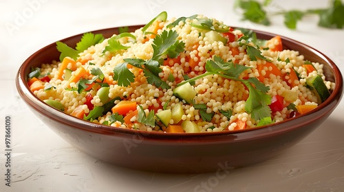 A detailed rendering of a bowl of couscous with vegetables and herbs isolated on a clean background highlighting its flavorful and nutritious appeal photo