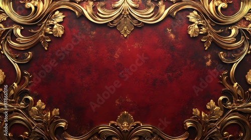 A classic 2D background with antique scrollwork design in gold and deep red, hyper real, high quality, sharp images photo