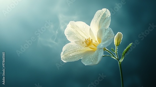 A delicate freesia flower suspended in the air with subtle mist surrounding it photo