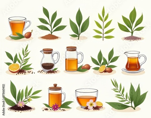 A collection of vector illustrations featuring various herbal teas, ingredients, and equipment. Perfect for packaging, branding, and print materials. photo