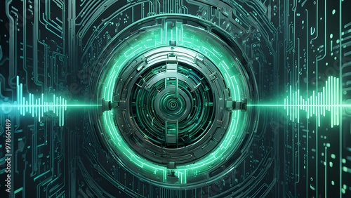 A futuristic, abstract design featuring a glowing green, metallic sphere surrounded by circuit board patterns and green lines.