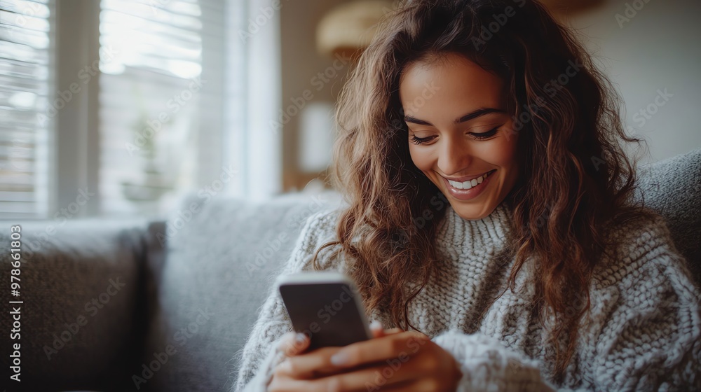 A young woman with long brown hair is sitting on a couch and smiling while looking at her phone. A young woman with long brown hair is sitting on a couch and smiling while looking at her phone.
