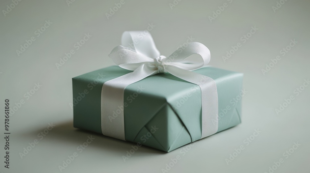 A small birthday gift wrapped in soft pink green paper, tied with a delicate white ribbon, placed on a light gray background. Simple and elegant design, realistic style. A small birthday gift wrapped in soft pink green paper, tied with a delicate white ribbon, placed on a light gray background. Simple and elegant design, realistic style.
