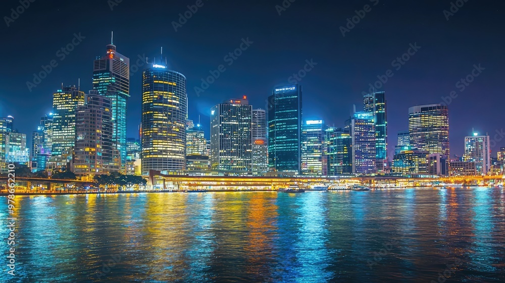 Obraz premium Night view of a vibrant city skyline reflecting on water, showcasing modern architecture and colorful lights over the urban landscape.