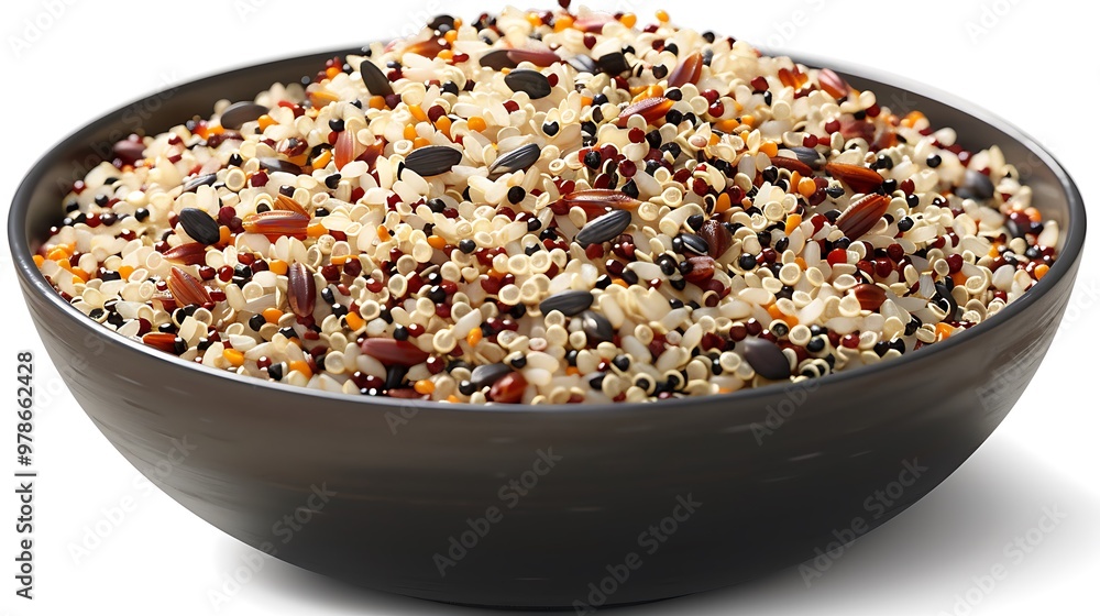A detailed rendering of a bowl of mixed grains including quinoa rice and barley isolated on a clean background highlighting their nutritious and versatile appeal