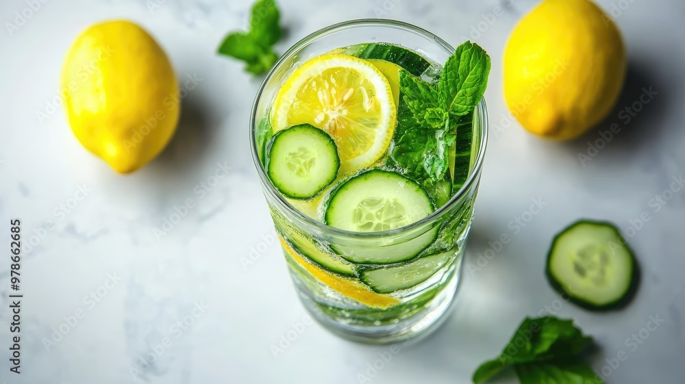 Refreshing lemon and cucumber drink garnished with mint, perfect for summer hydration and healthy living. Refreshing lemon and cucumber drink garnished with mint, perfect for summer hydration and healthy living.