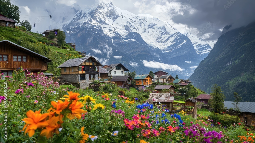 Scenic mountain village surrounded by vibrant flowers and majestic peaks, showcasing nature's beauty and tranquility in a serene landscape.