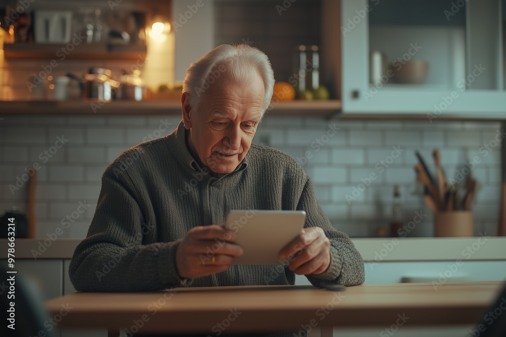 An elderly man sitting with a tablet, using modern technology, browsing or reading, staying engaged with digital content and staying connected An elderly man sitting with a tablet, using modern technology, browsing or reading, staying engaged with digital content and staying connected