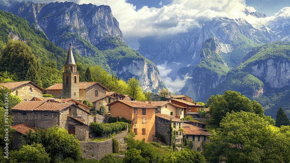 Scenic view of a charming village nestled in lush mountains, showcasing stunning architecture and breathtaking natural beauty. Scenic view of a charming village nestled in lush mountains, showcasing stunning architecture and breathtaking natural beauty.