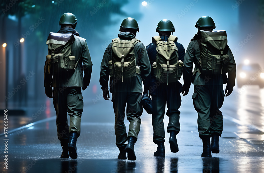 Group of soldiers walking on a muddy road during a rain storm. Group of soldiers walking on a muddy road during a rain storm.
