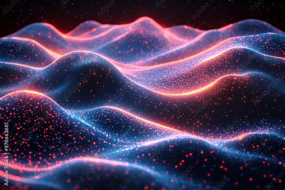Obraz premium Vibrant abstract digital landscape illuminated by glowing lines and particles in dark space. Generative AI