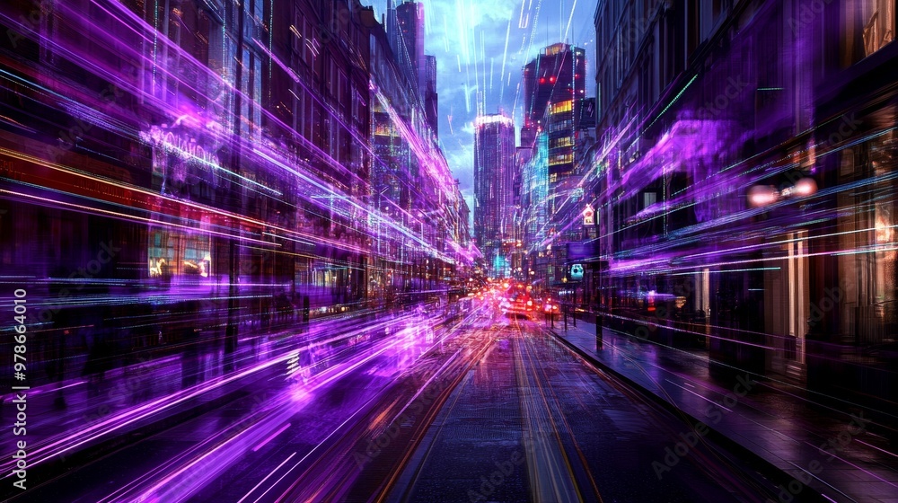 Futuristic Twilight in London: Abstract Cityscape with Vibrant Purple Neon Lights Conveying Rapid Modernity and High-Tech Urban Energy Futuristic Twilight in London: Abstract Cityscape with Vibrant Purple Neon Lights Conveying Rapid Modernity and High-Tech Urban Energy