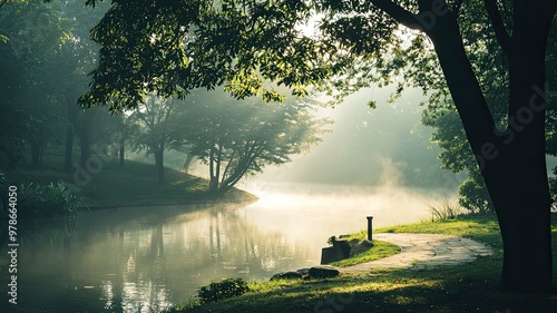 Serene landscape featuring a misty river surrounded by lush greenery and trees, perfect for nature lovers and peaceful retreats. photo