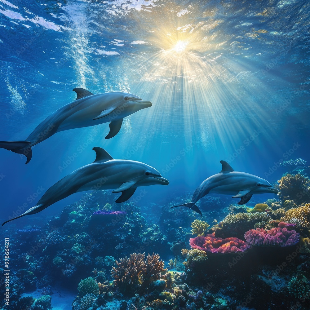 Obraz premium A captivating underwater landscape with dolphins swimming over coral reefs, illuminated by the sunlight breaking through the surface
