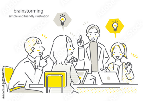 ビジネスミーティングで話し合いをする人々　シンプルでお洒落な線画イラスト