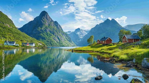 Serene landscape featuring majestic mountains and reflective waters, with charming houses nestled along the shore. photo