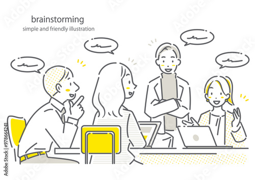 ビジネスミーティングで話し合いをする人々　シンプルでお洒落な線画イラスト