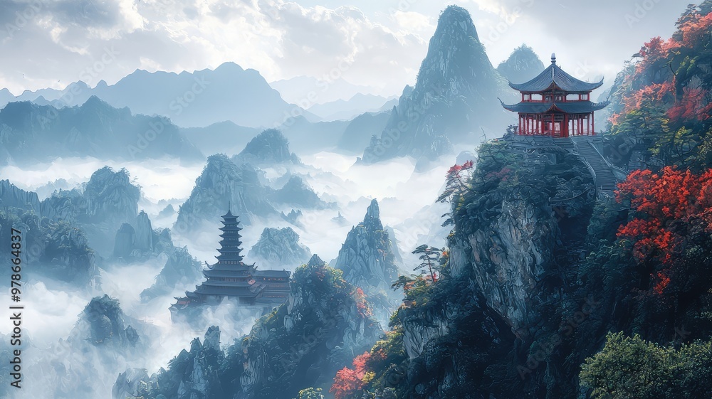 Serene mountain landscape with pagoda, surrounded by mist and autumn foliage, creating a tranquil and mystical atmosphere. Serene mountain landscape with pagoda, surrounded by mist and autumn foliage, creating a tranquil and mystical atmosphere.