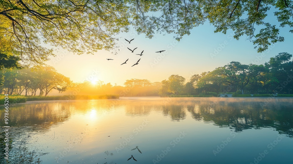 Serene sunrise over a tranquil lake, surrounded by lush trees and a flock of birds soaring in the clear sky. Serene sunrise over a tranquil lake, surrounded by lush trees and a flock of birds soaring in the clear sky.