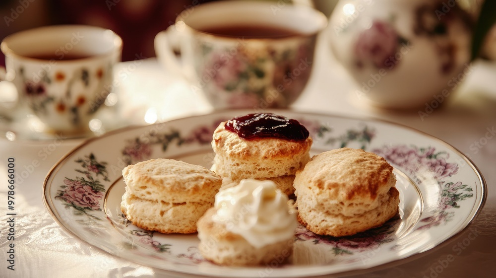 A close-up of a traditional English afternoon tea set with scones, clotted cream, and jam. A close-up of a traditional English afternoon tea set with scones, clotted cream, and jam.