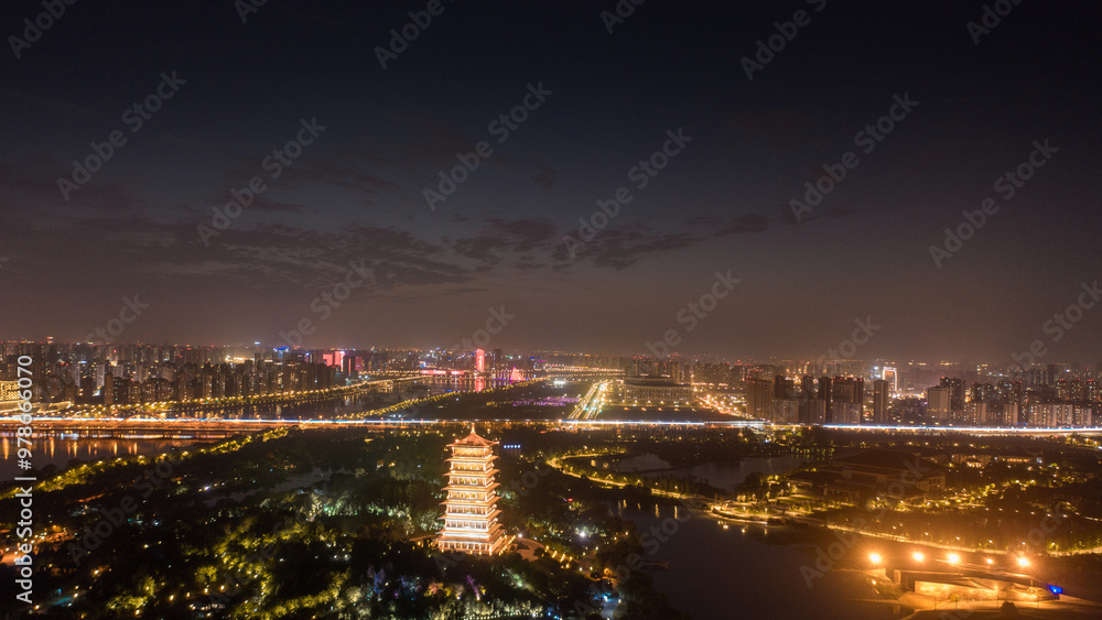 Fototapeta premium Aerial photography of the night view of the Bahe River in Xi'an, China