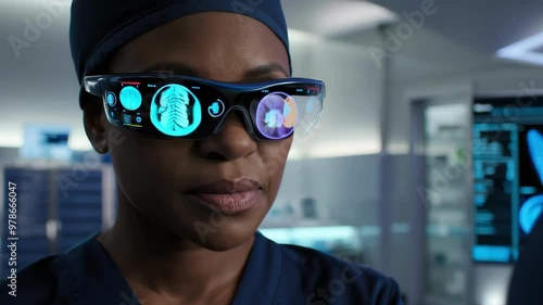 African American female surgeon using virtual reality smart glasses analyzing medical data with futuristic brain and DNA graphics