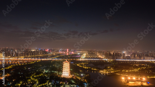 Aerial photography of the night view of the Bahe River in Xi'an, China