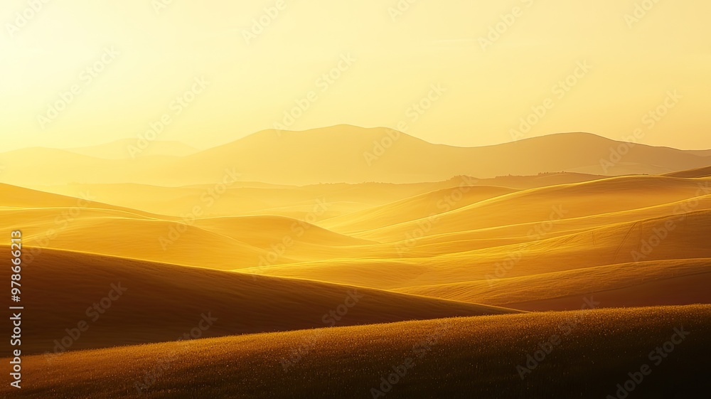 Obraz premium Stunning golden landscape at sunset, showcasing rolling hills and soft silhouettes under a warm sky. Perfect for nature enthusiasts.