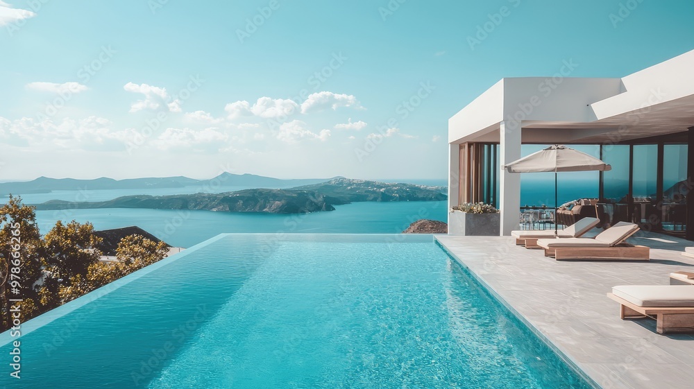 Fototapeta premium Stunning luxury villa with an infinity pool overlooking a breathtaking sea view and tranquil landscape.