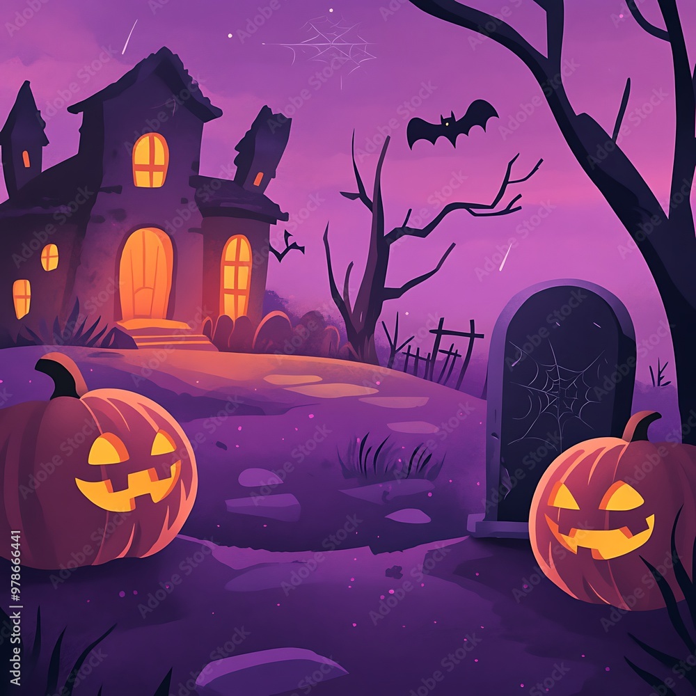 Fototapeta premium A Spooky Halloween Scene Featuring a Haunted House and Glowing Pumpkin Under a Dark Night Sky