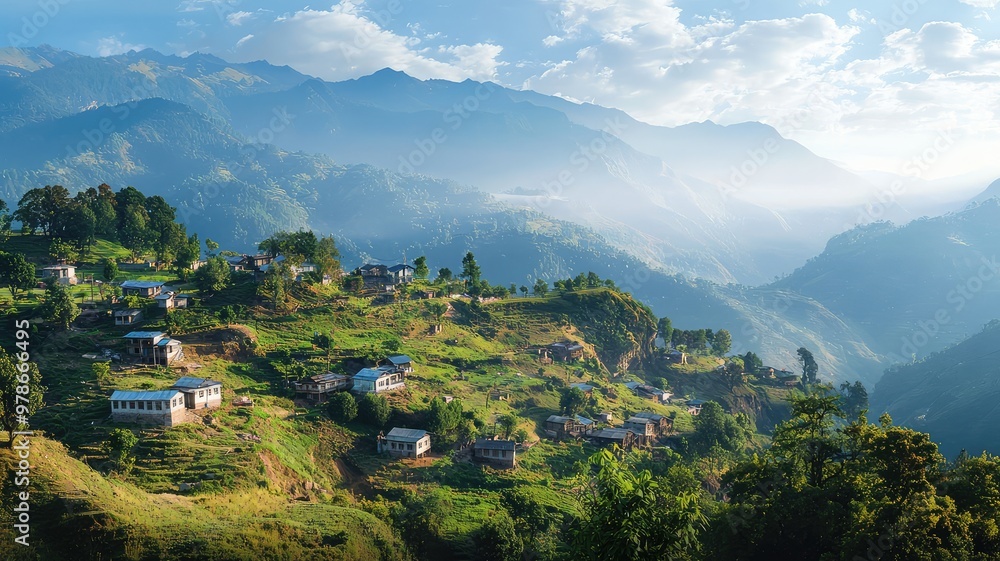 Fototapeta premium Stunning panoramic view of lush hills and tranquil villages under a vibrant sky, showcasing nature's beauty and serenity.