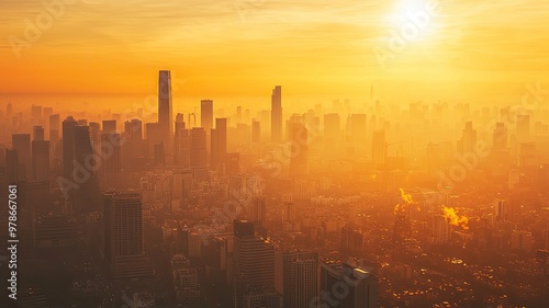 Stunning sunset over a vibrant city skyline, showcasing skyscrapers illuminated by warm golden light and atmospheric haze.