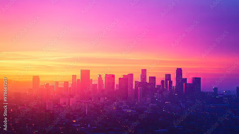 Stunning sunset view over a vibrant city skyline with hues of pink and purple illuminating the evening sky. Stunning sunset view over a vibrant city skyline with hues of pink and purple illuminating the evening sky.