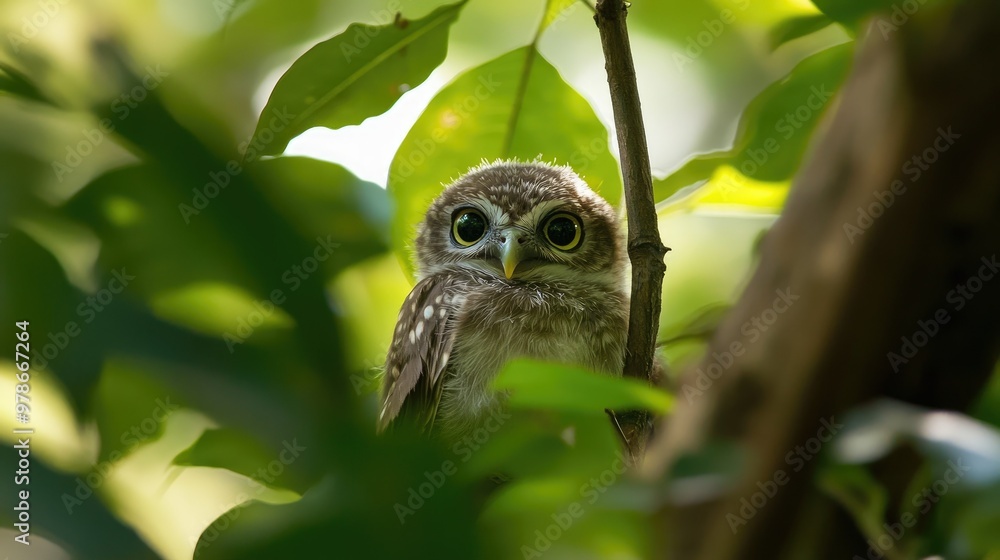 A collared owlet in a cozy, shaded area of the forest, partially hidden among the leaves. A collared owlet in a cozy, shaded area of the forest, partially hidden among the leaves.