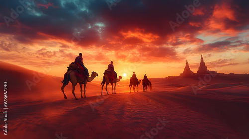 Desert Sunset with Camels Illustration