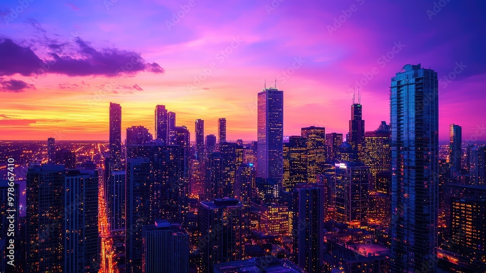 Obraz premium Stunning urban skyline at sunset, showcasing vibrant colors and towering buildings, perfect for showcasing city life and landscapes.