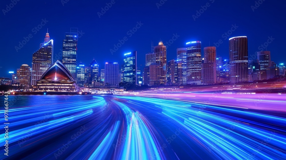 Dynamic Sydney Cityscape Illuminated by Blue Neon Light Trails Signifying Speed and Innovation at Twilight Dynamic Sydney Cityscape Illuminated by Blue Neon Light Trails Signifying Speed and Innovation at Twilight
