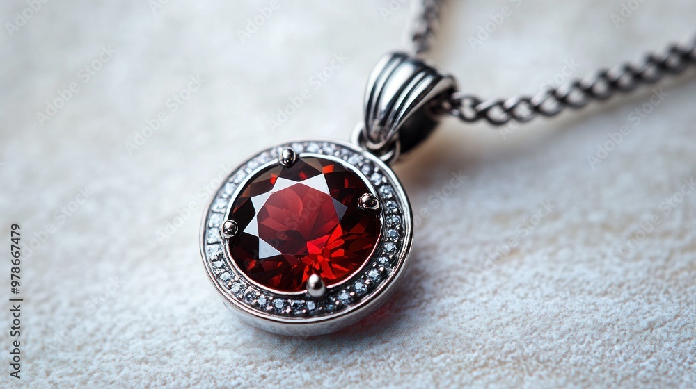 A close-up of a silver pendant featuring a red gemstone. A close-up of a silver pendant featuring a red gemstone.