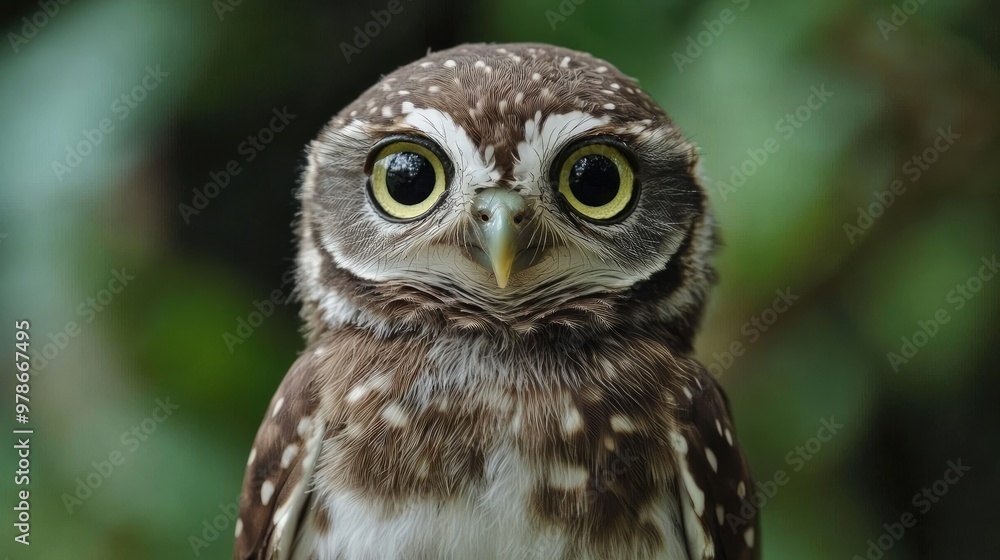 A collared owlet looking directly at the camera with its collar clearly visible against the background. A collared owlet looking directly at the camera with its collar clearly visible against the background.