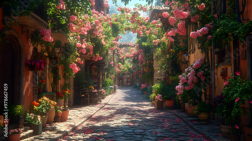 Cobblestone Street with Pink Flowers