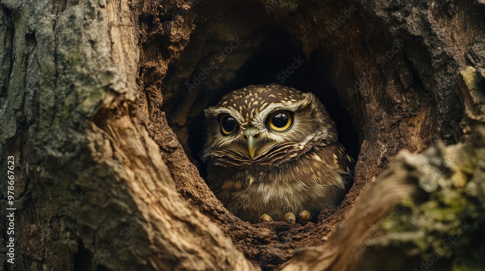 A collared owlet nestled in a tree hollow, with only its head and collar visible. A collared owlet nestled in a tree hollow, with only its head and collar visible.